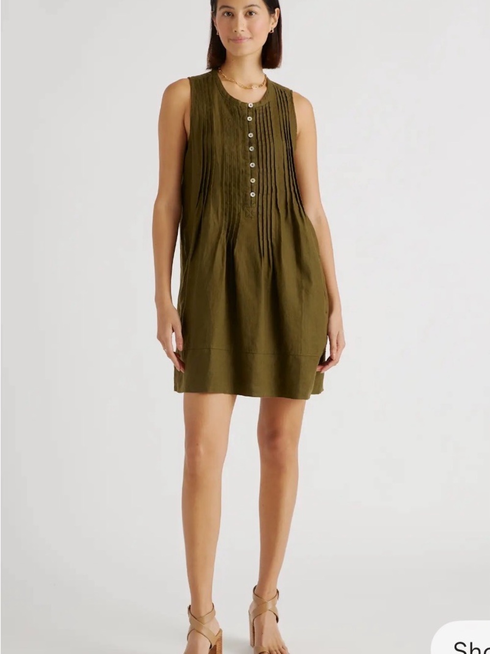 Quince Linen Swing Dress in Olive Green, Small